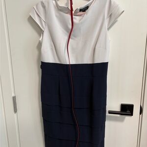 Tahari White and Navy Cap-Sleeve Midi Sheath Dress